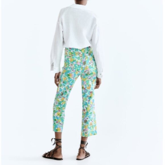 Zara NWT Printed Linen Blend Flared Trousers Green Blue Pink Floral Print Size 4 - Picture 2 of 16